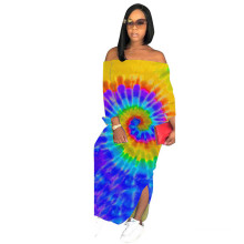 L5283 Tie Dyeing off Shoulder Backless Bohemian Beach Maxi Dress